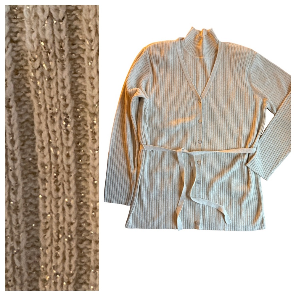 Karen Scott Cream Gold Thread Belted Button Cardigan & Tank Set Size Medium EUC